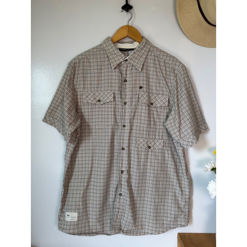 Rocawear Plaid Button Front Shirt Mens XL Short Sleeve Brown Olive Cotton